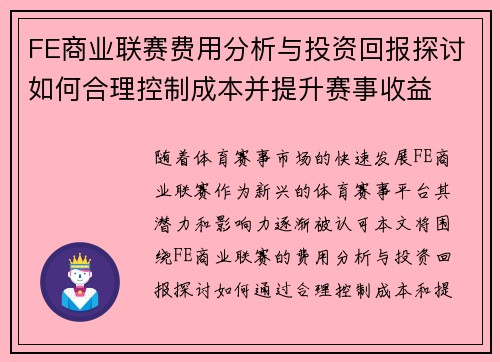 FE商业联赛费用分析与投资回报探讨如何合理控制成本并提升赛事收益