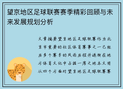 望京地区足球联赛赛季精彩回顾与未来发展规划分析