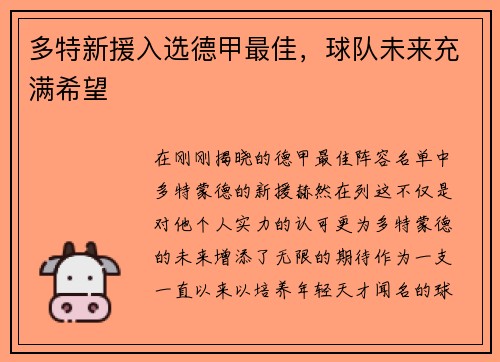 多特新援入选德甲最佳，球队未来充满希望