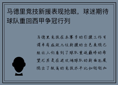 马德里竞技新援表现抢眼，球迷期待球队重回西甲争冠行列