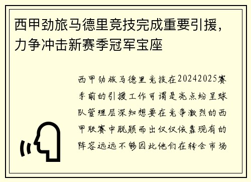 西甲劲旅马德里竞技完成重要引援，力争冲击新赛季冠军宝座